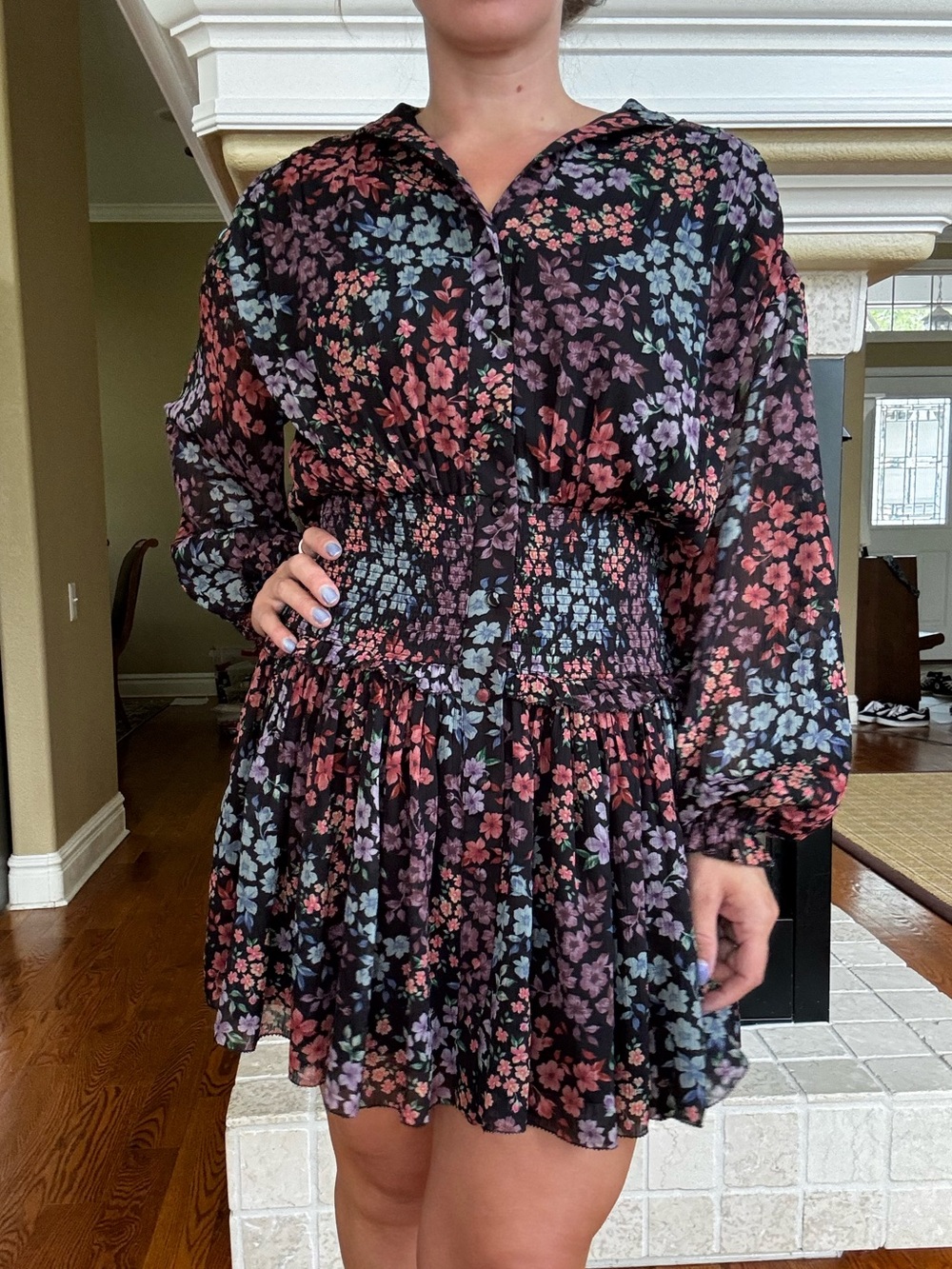 AE Studio Black Ditsy Floral Drop Waist Long Sleeve Mini Dress Size S Fairy